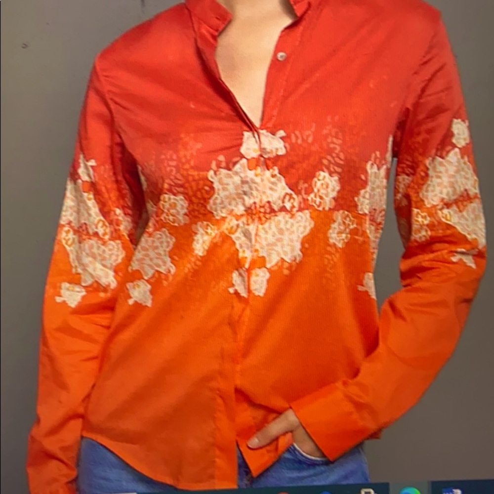 Orange and cream blouse from Anthropologie
